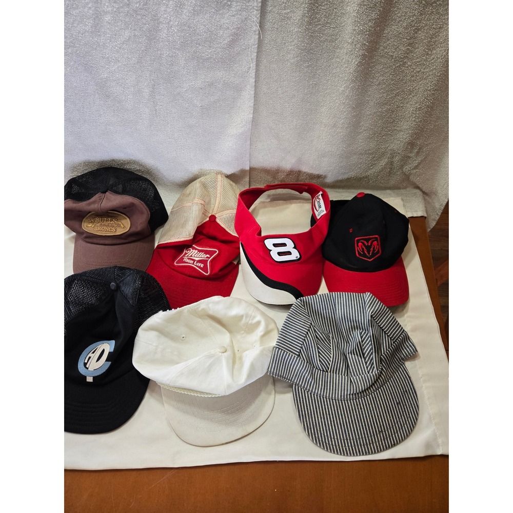Vintage Hat Lot 7pc Miller High Life Dale Jr Visor Dodge Ram Engineer Trucker